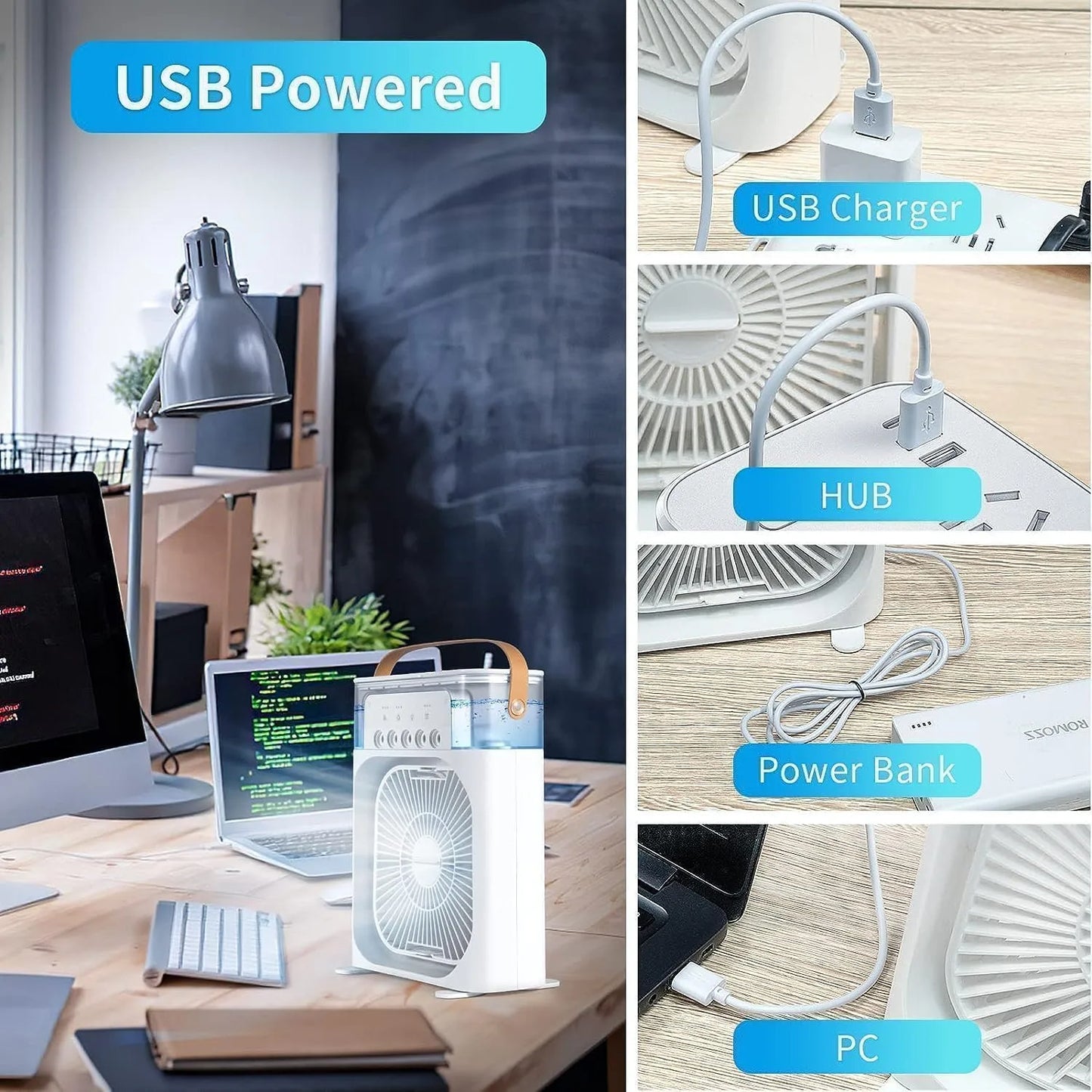 Mini Portable Air Cooler & Humidifier β USB Powered, 3-Speed Fan